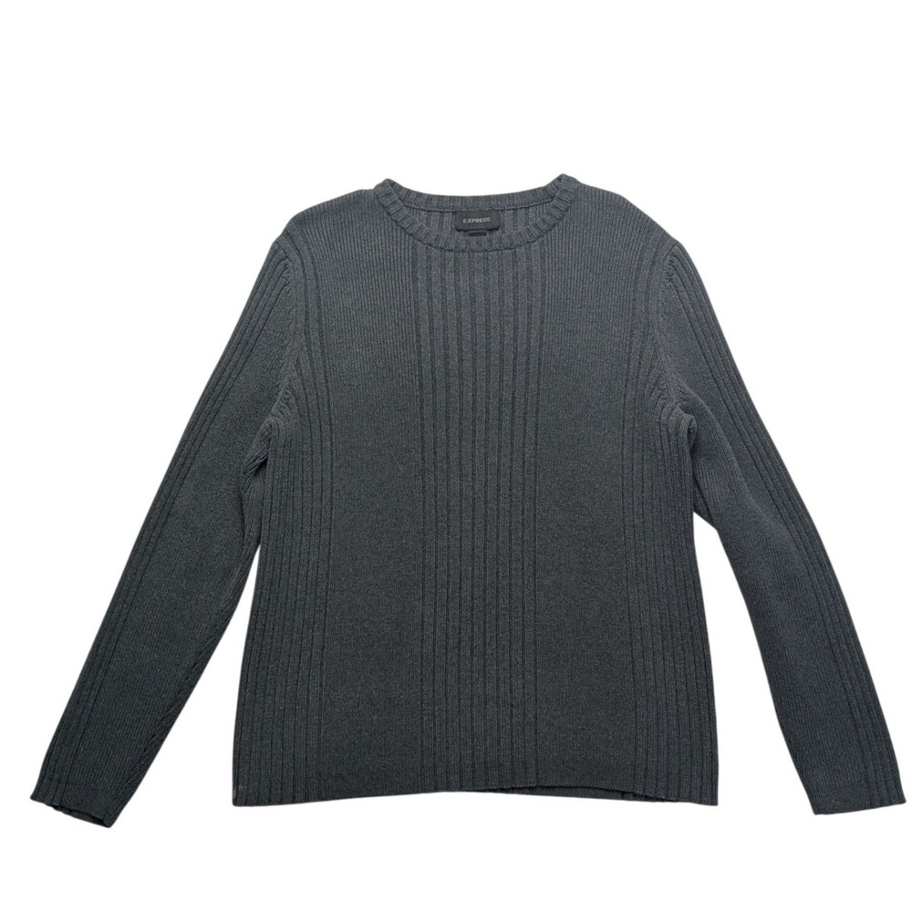 Express Ribbed Crewneck Sweater Mens Medium Gray 100% Cotton Made in Japan